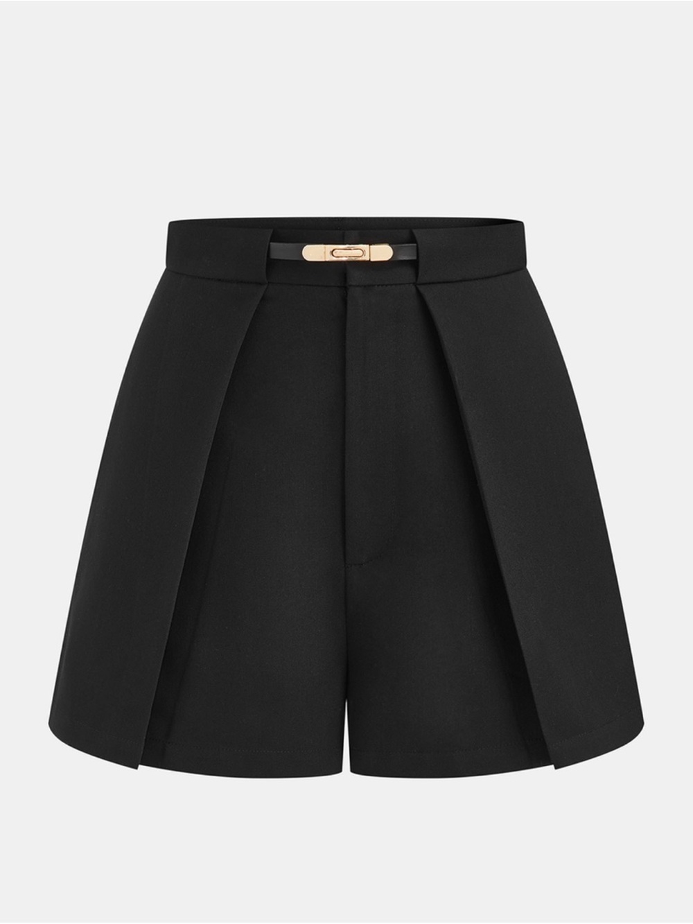 Commense Cream High-Rise Pleated Skort with Gold Buckle adjustable black belt